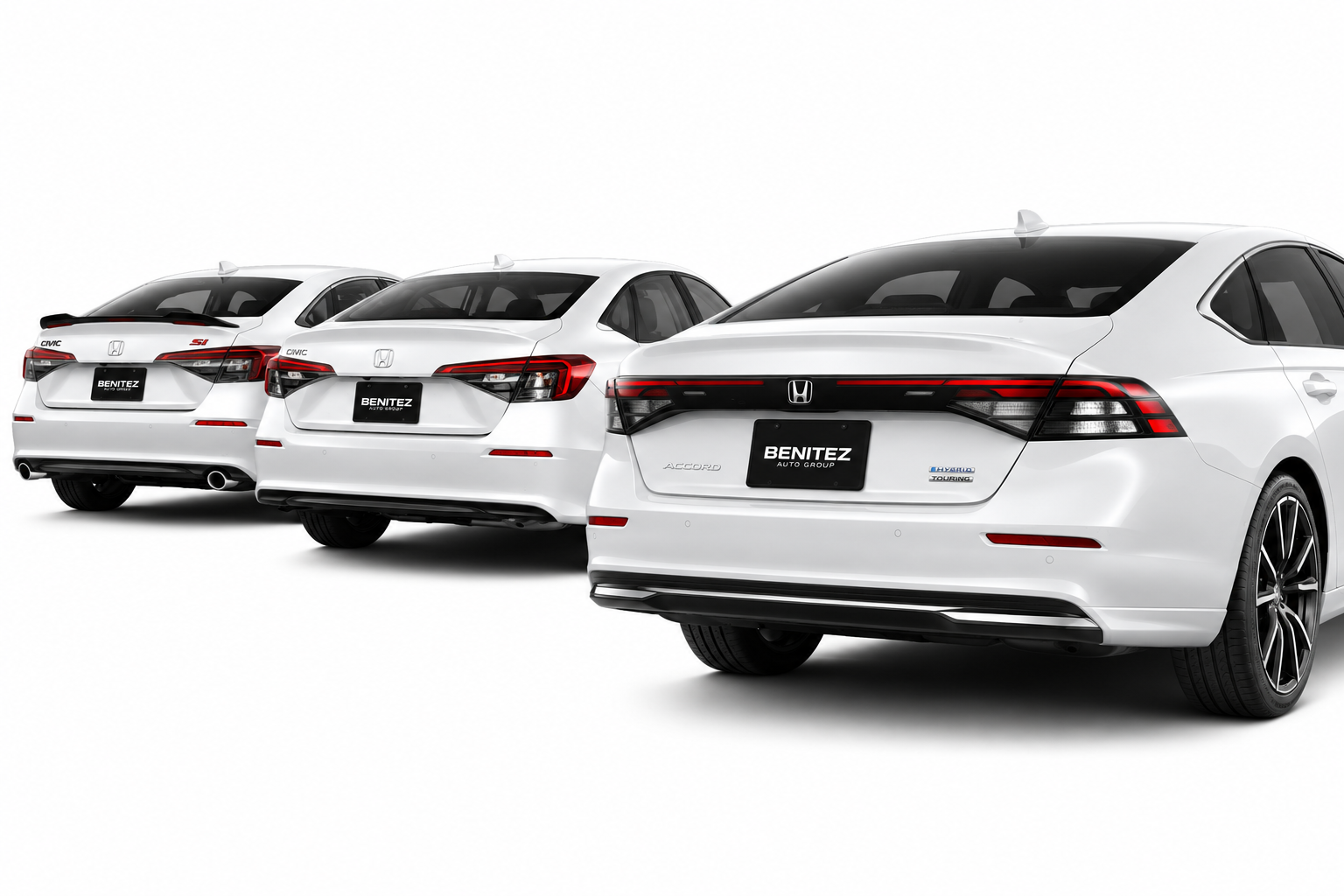 Benitez Auto Group lineup of Honda Civic Si, Civic, and Accord Hybrid Touring